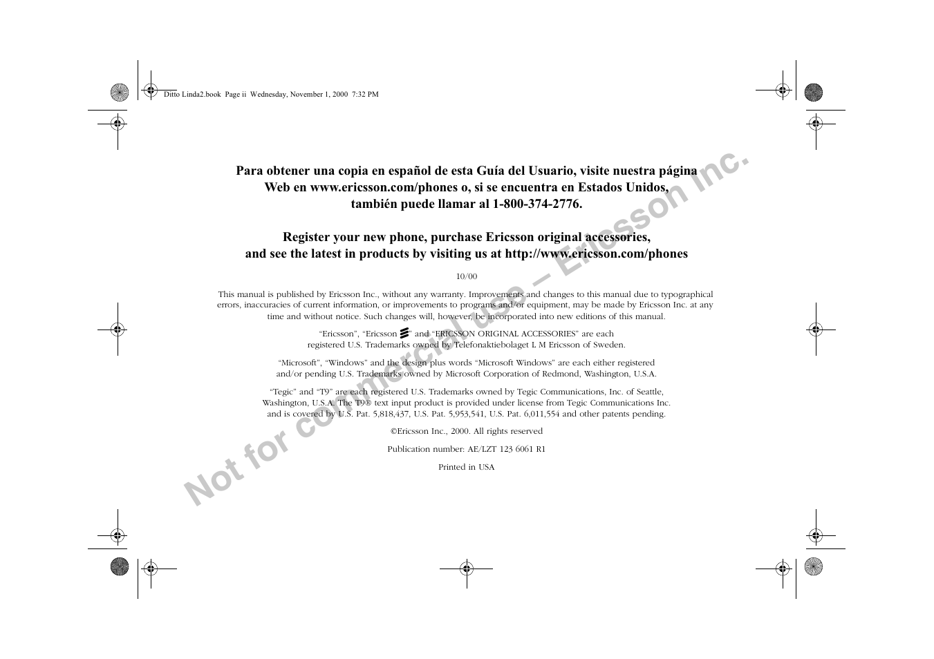Not for commercial use – ericsson inc | Sony Ericsson R278d User Manual | Page 3 / 77