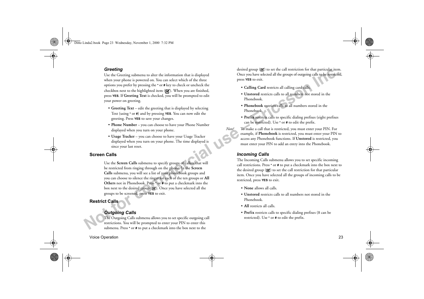 Commercial, Screen calls restrict calls, Not for commercial use – ericsson inc | Sony Ericsson R278d User Manual | Page 30 / 77