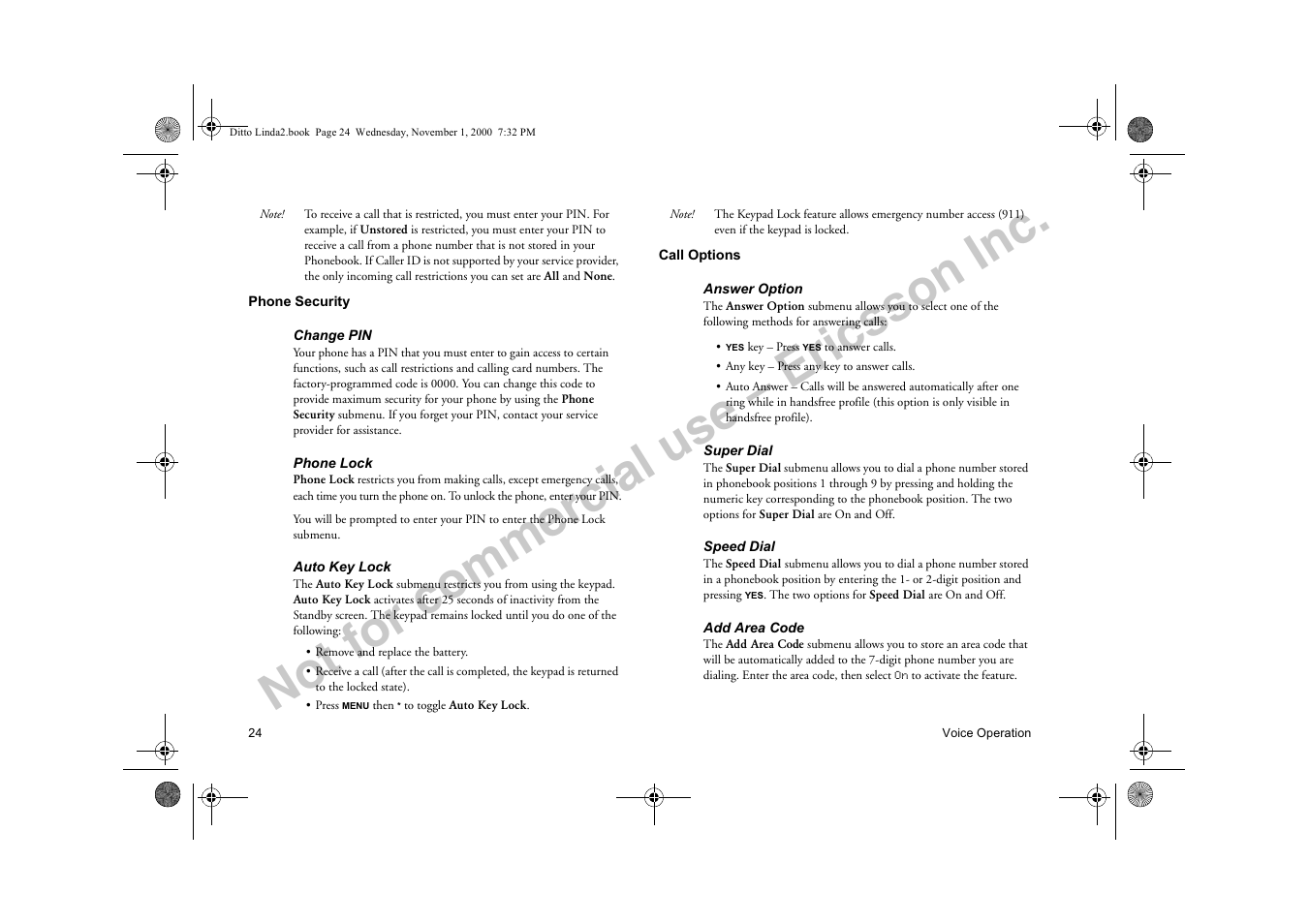 Phone security call options, Not for commercial use – ericsson inc | Sony Ericsson R278d User Manual | Page 31 / 77