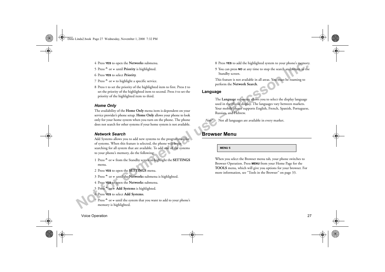 Browser menu, Language, Not for commercial use – ericsson inc | Sony Ericsson R278d User Manual | Page 34 / 77