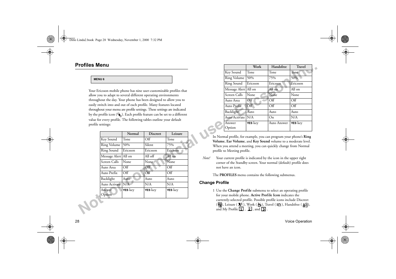 Profiles menu, Change profile, Not for commercial use – ericsson inc | Sony Ericsson R278d User Manual | Page 35 / 77