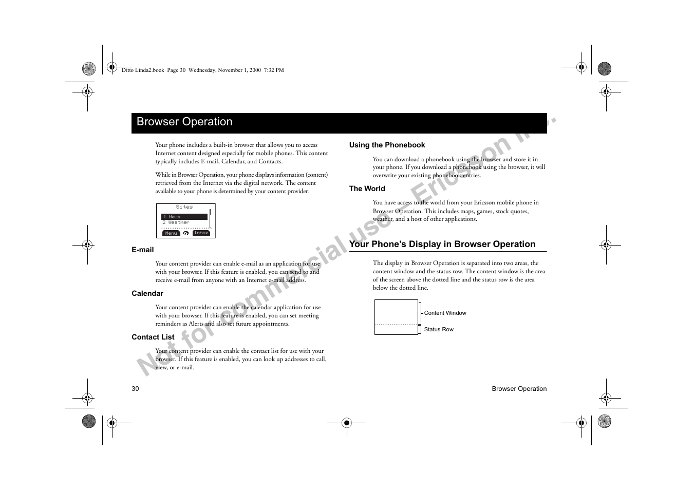 Browser operation, Your phone’s display in browser operation, Urzvhu 2shudwlrq | Not for commercial use – ericsson inc | Sony Ericsson R278d User Manual | Page 37 / 77