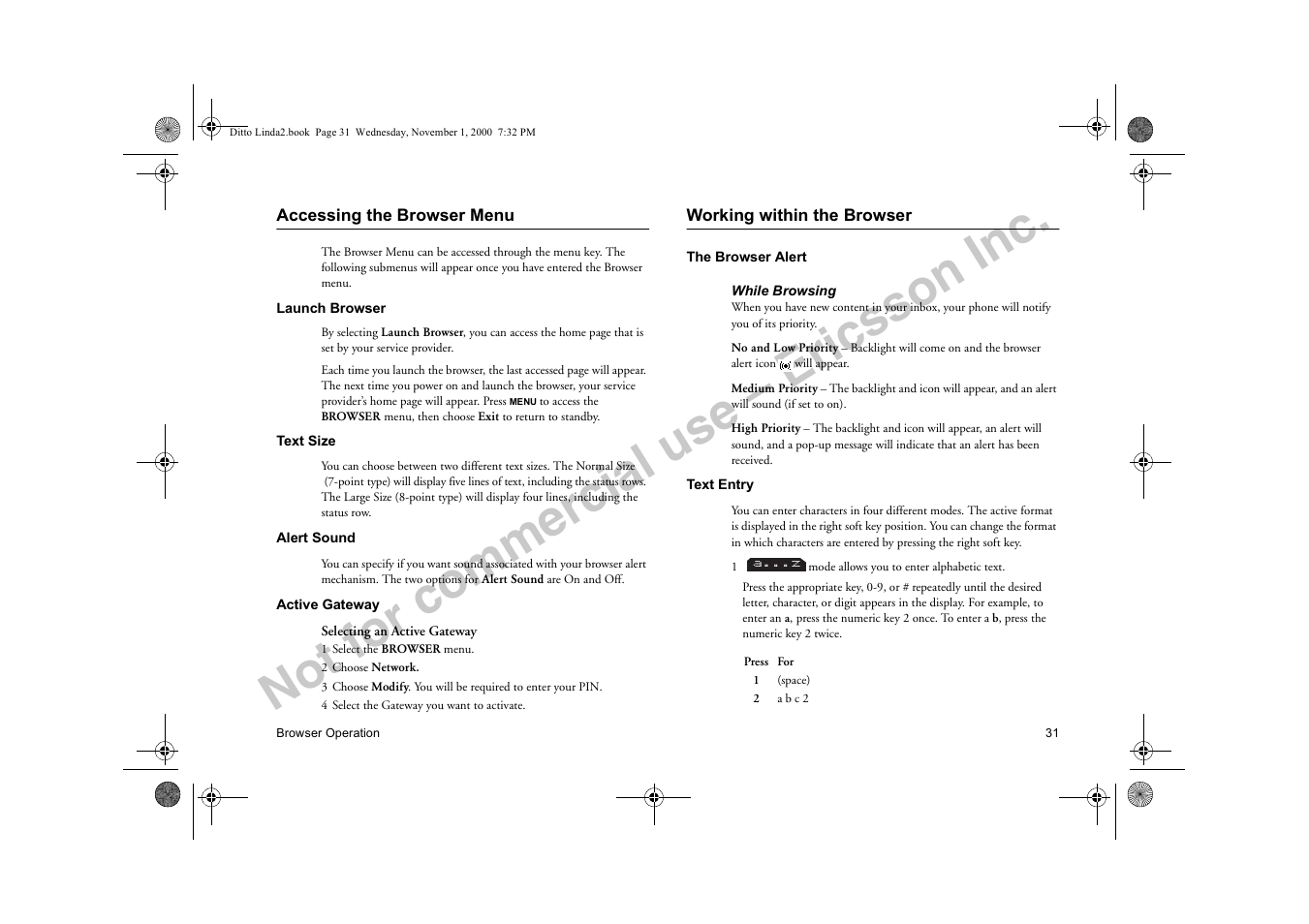 Accessing the browser menu, Working within the browser, The browser alert text entry | Not for commercial use – ericsson inc | Sony Ericsson R278d User Manual | Page 38 / 77