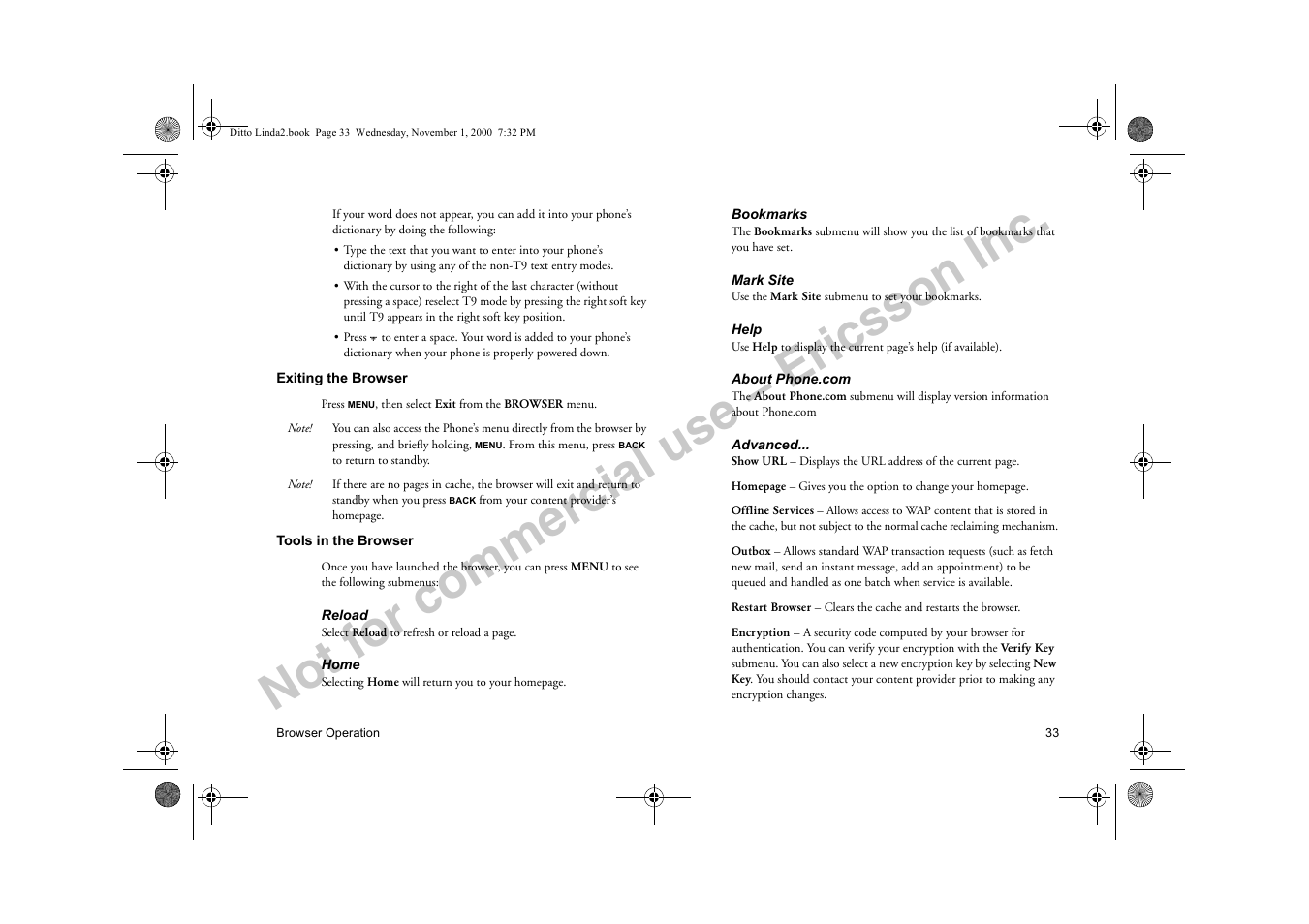 Exiting the browser tools in the browser, Not for commercial use – ericsson inc | Sony Ericsson R278d User Manual | Page 40 / 77