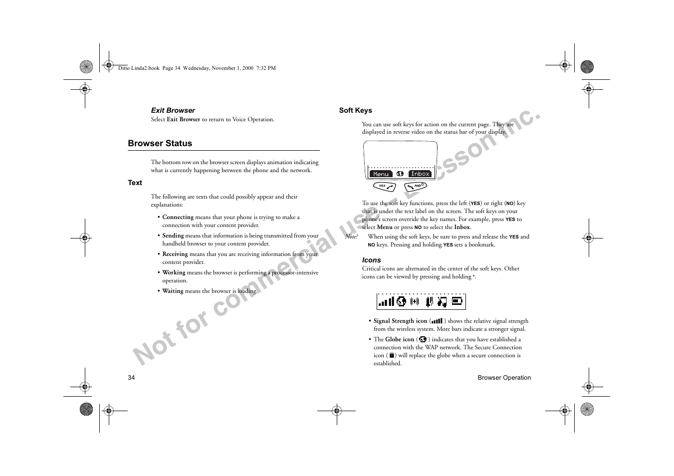 Browser status, Text, Soft keys | Not for commercial use – ericsson inc | Sony Ericsson R278d User Manual | Page 41 / 77