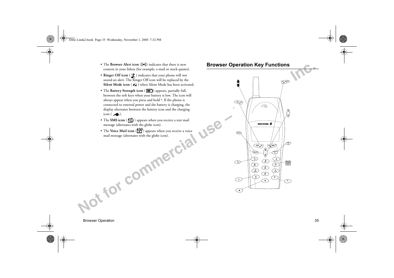 Browser operation key functions, Not for commercial use – ericsson inc | Sony Ericsson R278d User Manual | Page 42 / 77