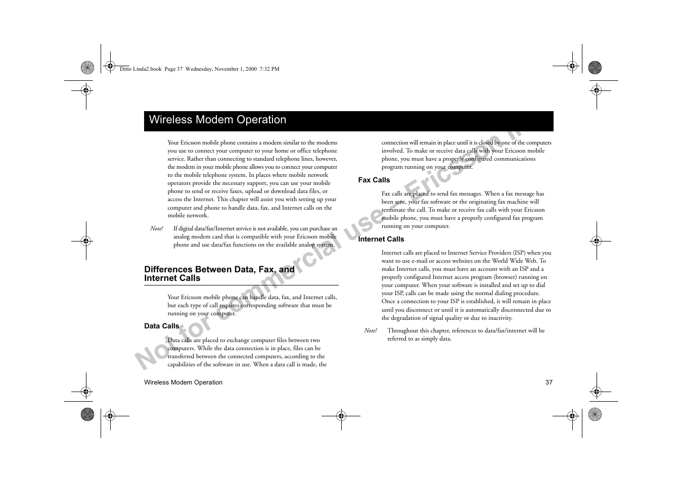 Wireless modem operation, Differences between data, fax, and internet calls, Luhohvv 0rghp 2shudwlrq | Data calls fax calls internet calls, Not for commercial use – ericsson inc | Sony Ericsson R278d User Manual | Page 44 / 77