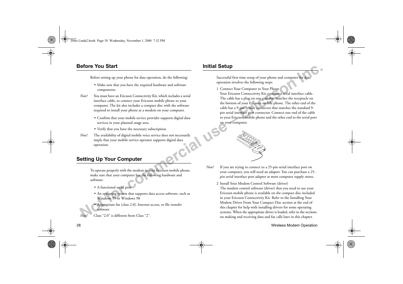 Before you start, Setting up your computer, Initial setup | Not for commercial use – ericsson inc | Sony Ericsson R278d User Manual | Page 45 / 77