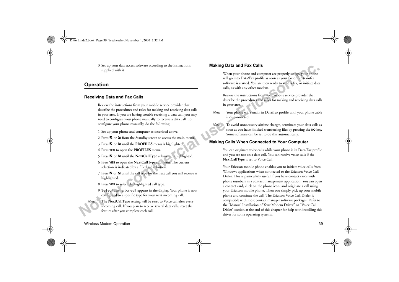 Operation, Not for commercial use – ericsson inc | Sony Ericsson R278d User Manual | Page 46 / 77