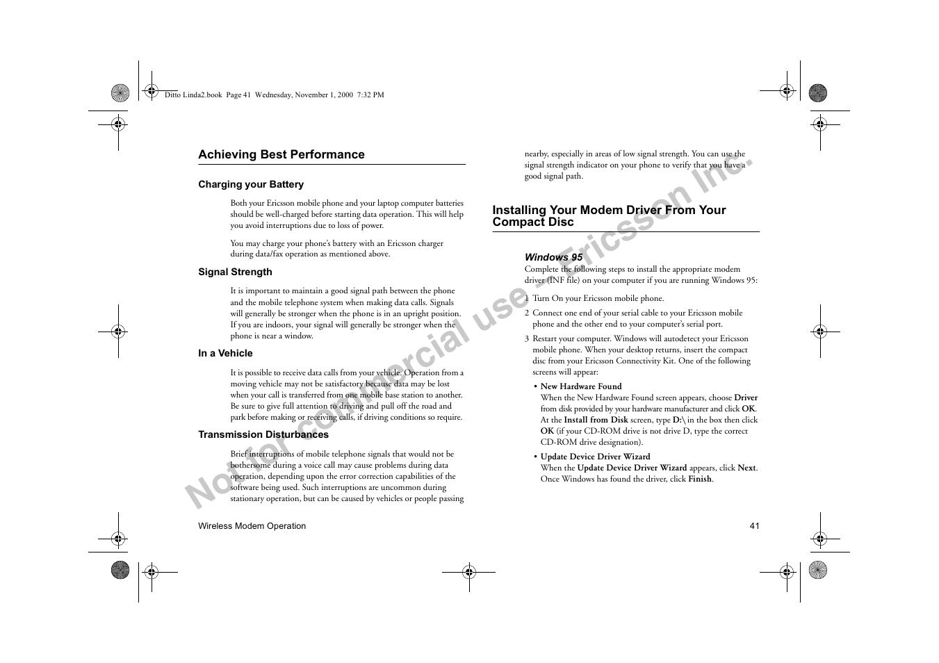 Achieving best performance, Commercial, Not for commercial use – ericsson inc | Sony Ericsson R278d User Manual | Page 48 / 77