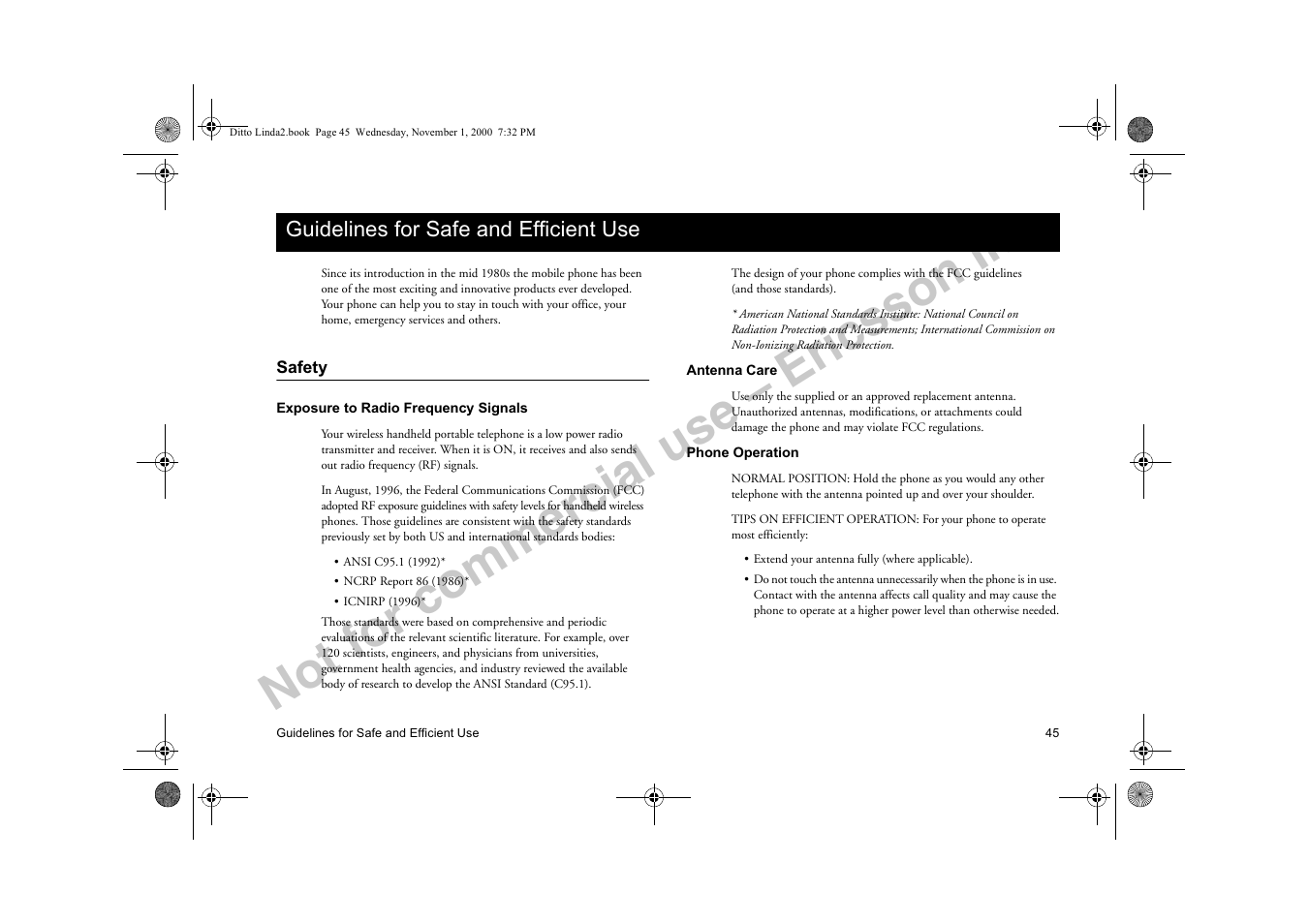 Guidelines for safe and efficient use, Safety, Xlgholqhv iru 6dih dqg (iilflhqw 8vh | Not for commercial use – ericsson inc | Sony Ericsson R278d User Manual | Page 52 / 77