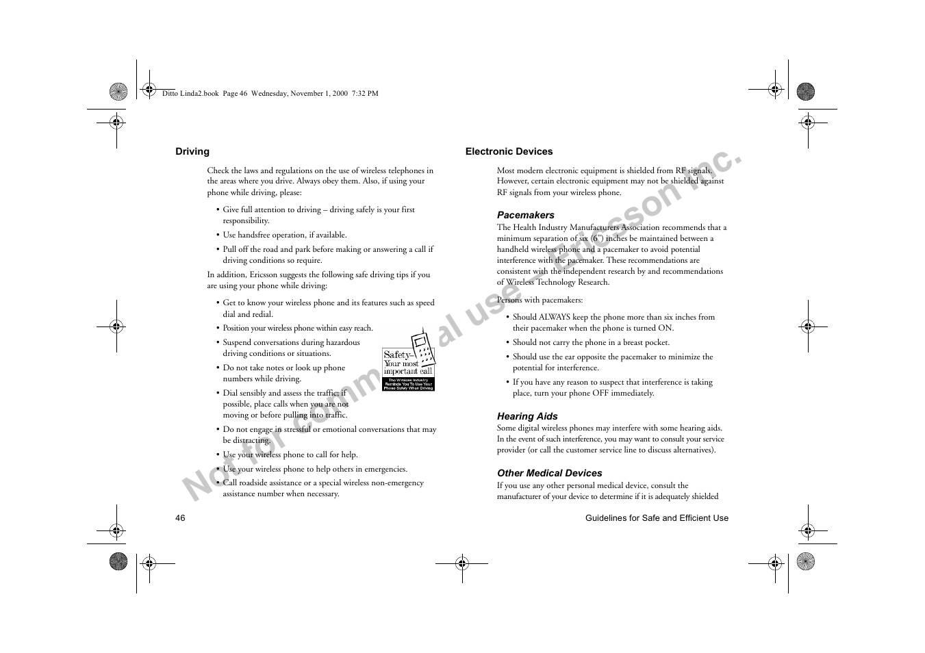 Driving electronic devices, Not for commercial use – ericsson inc | Sony Ericsson R278d User Manual | Page 53 / 77