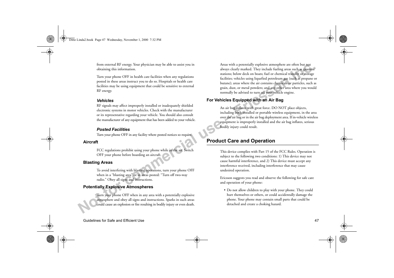 Product care and operation, Ericsson, Not for commercial use – ericsson inc | Sony Ericsson R278d User Manual | Page 54 / 77