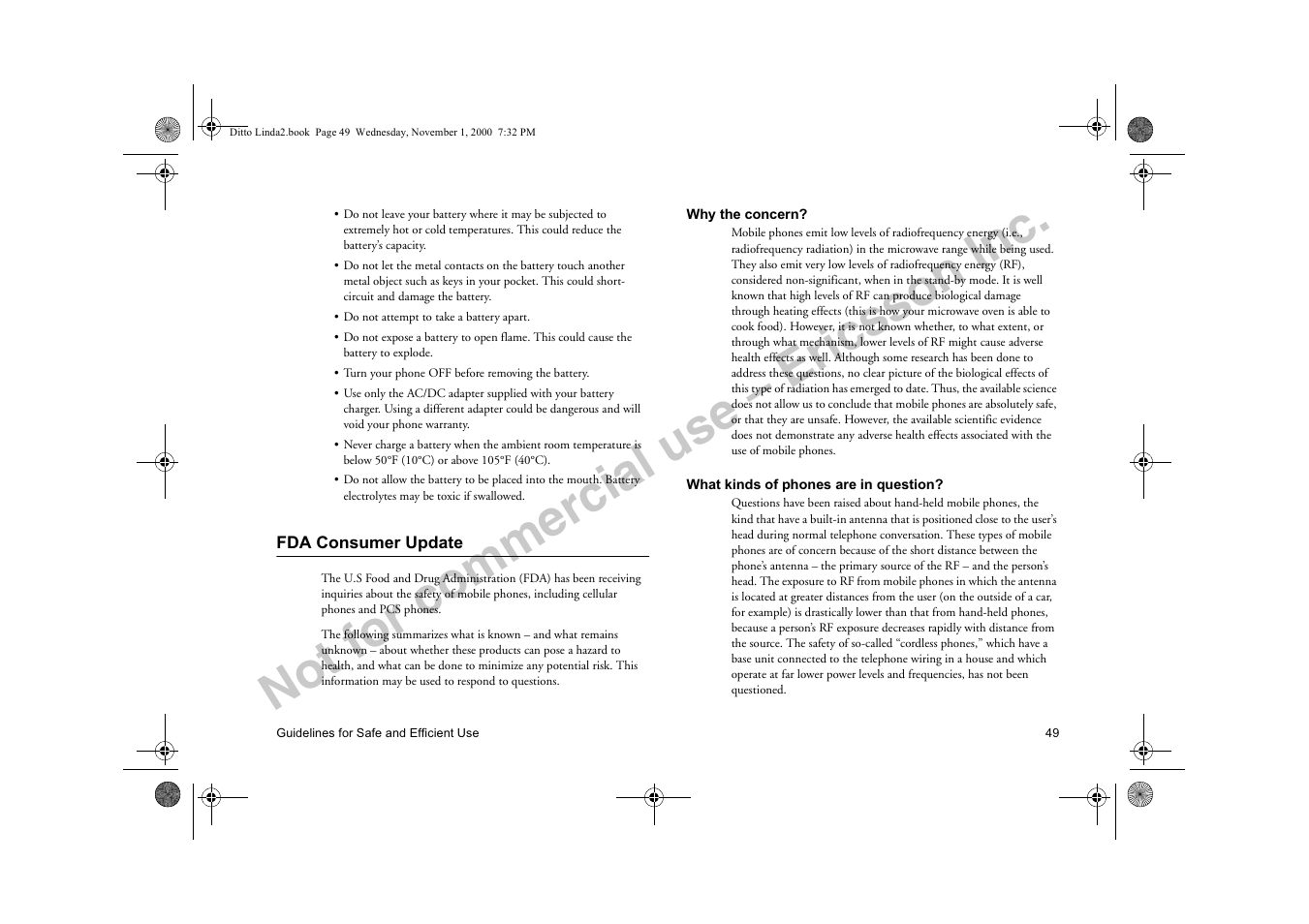 Fda consumer update, Not for commercial use – ericsson inc | Sony Ericsson R278d User Manual | Page 56 / 77