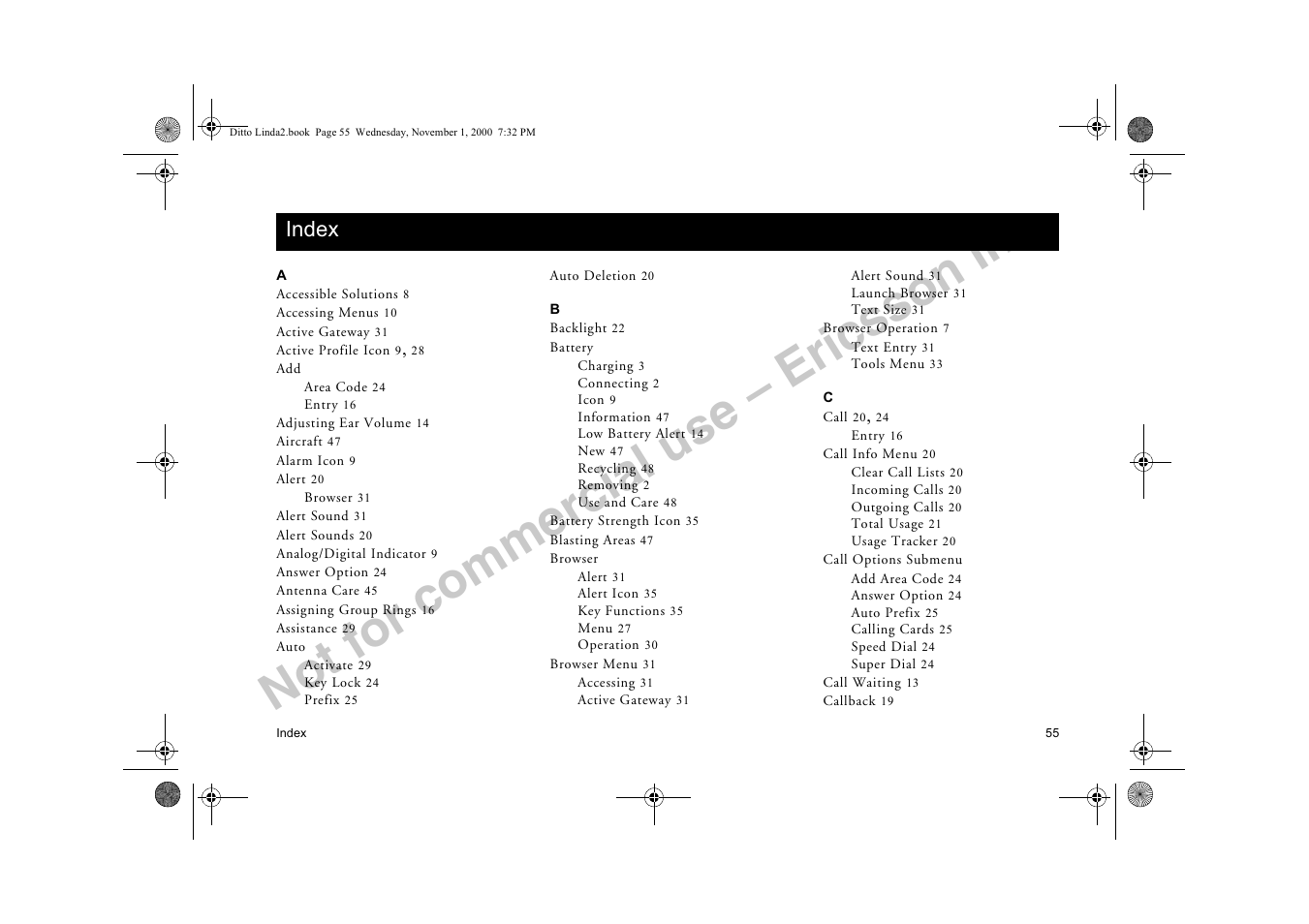 Index, Not for commercial use – ericsson inc | Sony Ericsson R278d User Manual | Page 62 / 77