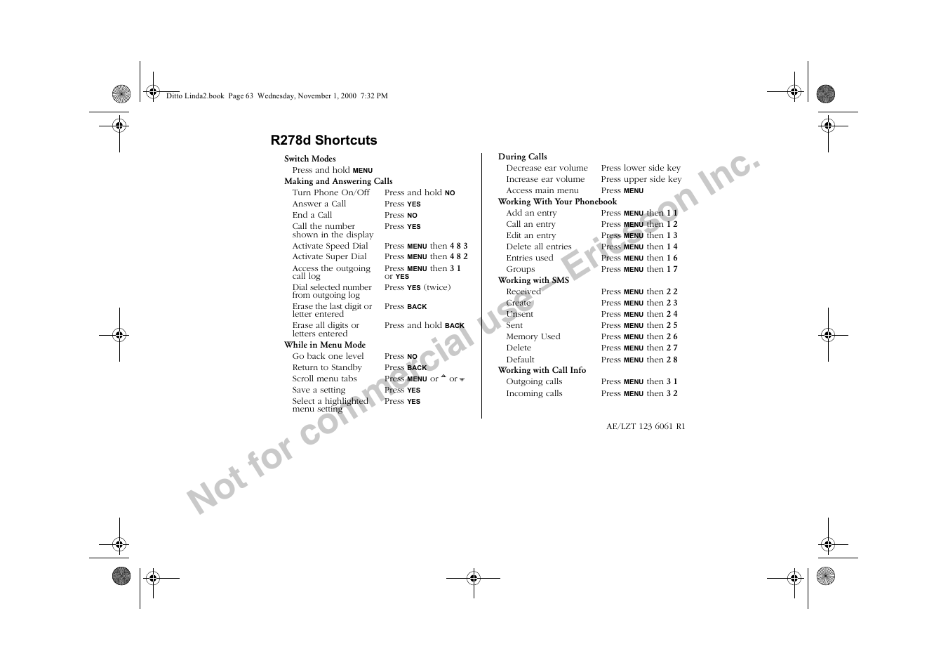 Not for commercial use – ericsson inc, 5g 6kruwfxwv | Sony Ericsson R278d User Manual | Page 75 / 77