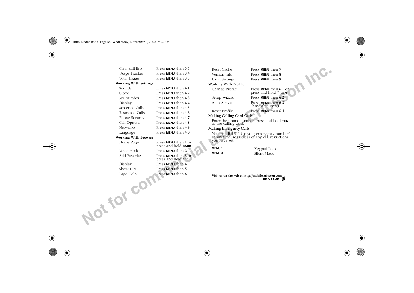 Not for commercial use – ericsson inc | Sony Ericsson R278d User Manual | Page 76 / 77