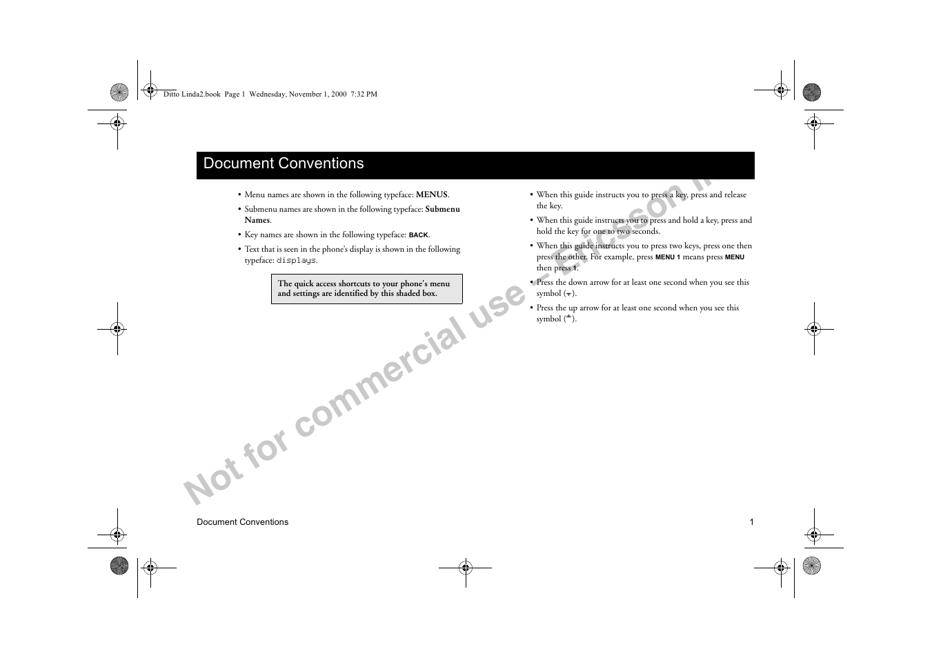 Document conventions, Rfxphqw &rqyhqwlrqv, Not for commercial use – ericsson inc | Sony Ericsson R278d User Manual | Page 8 / 77