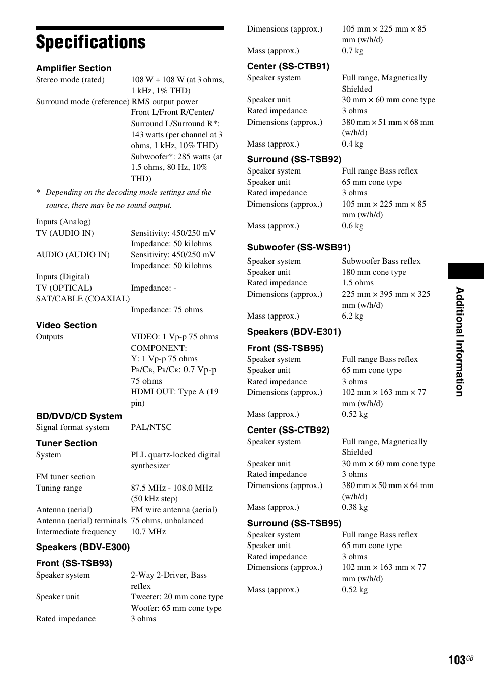 Specifications, Ad ditio n al inf o rm at ion | Sony Ericsson BDV-E300 User Manual | Page 103 / 115