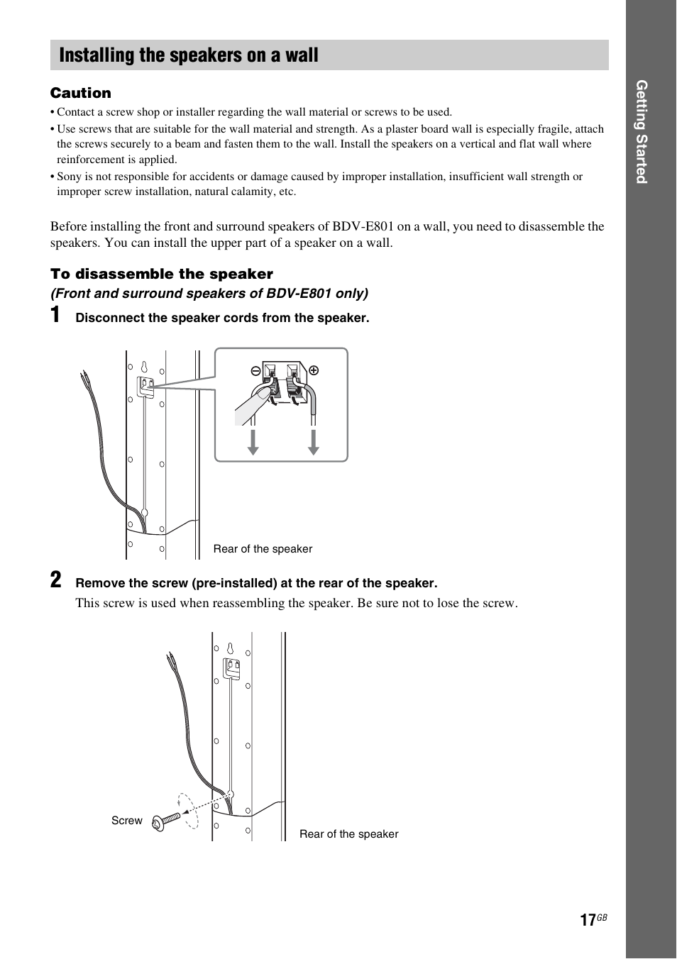 Installing the speakers on a wall | Sony Ericsson BDV-E300 User Manual | Page 17 / 115