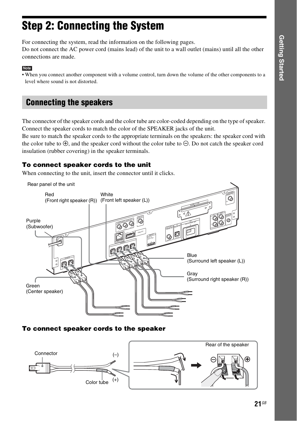 Step 2: connecting the system, Connecting the speakers, E 21) | Ge tting star te d | Sony Ericsson BDV-E300 User Manual | Page 21 / 115