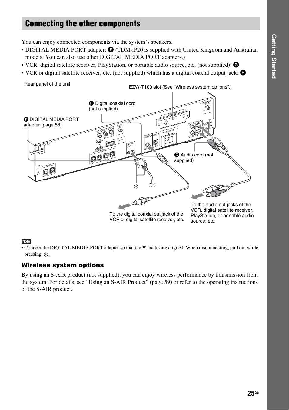 Connecting the other components, E 25), Ge tting star te d | Wireless system options | Sony Ericsson BDV-E300 User Manual | Page 25 / 115