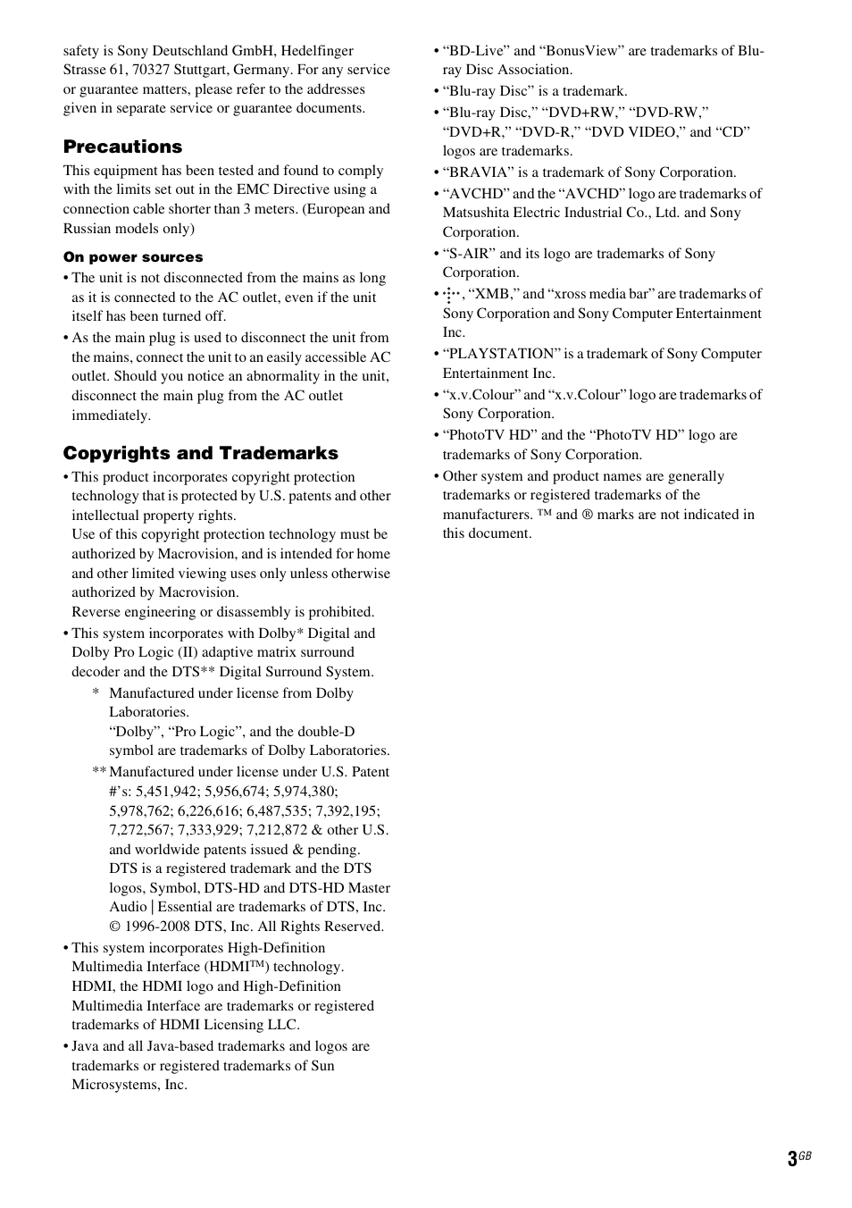 Precautions, Copyrights and trademarks | Sony Ericsson BDV-E300 User Manual | Page 3 / 115