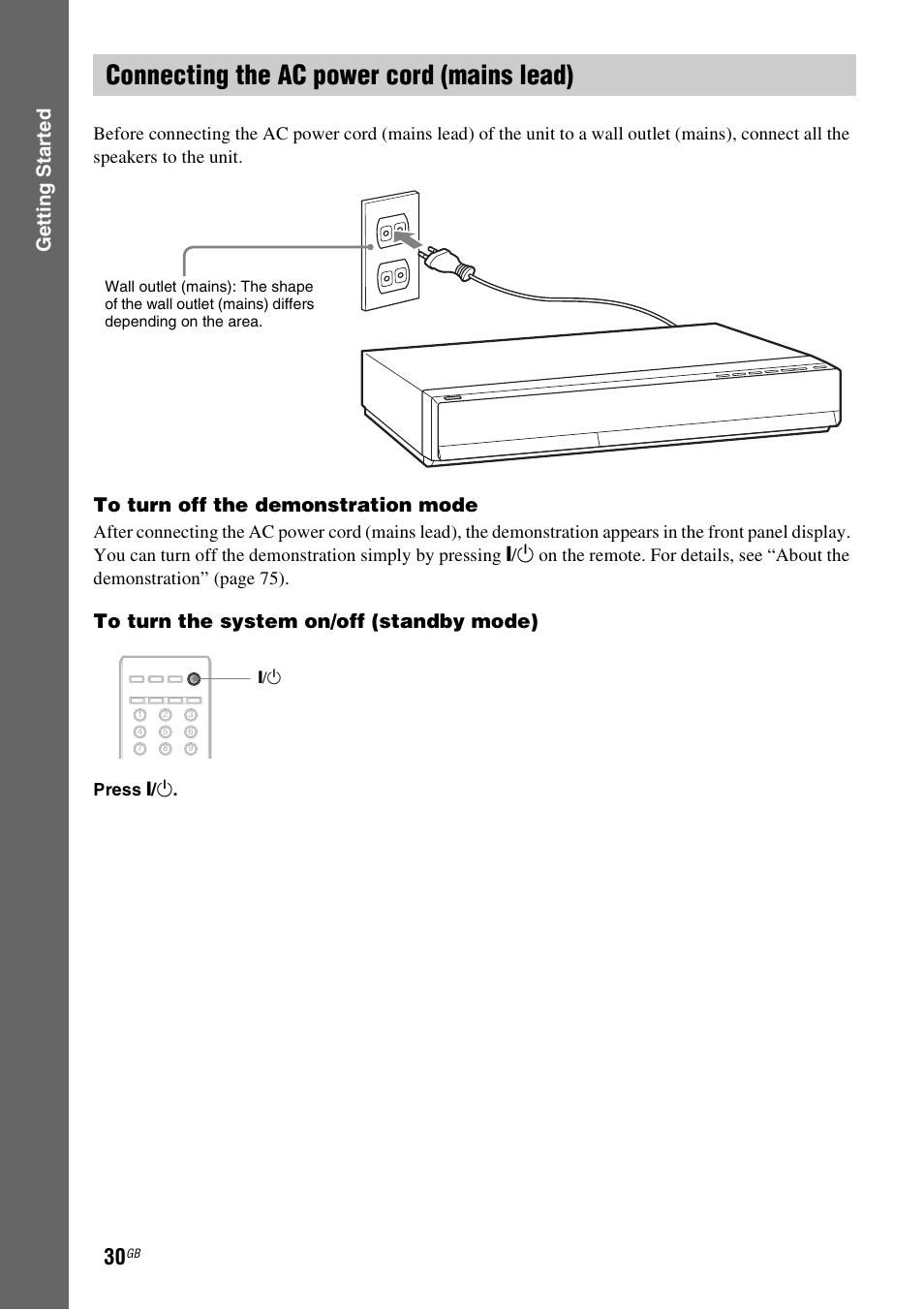 Connecting the ac power cord (mains lead), Gettin g star ted | Sony Ericsson BDV-E300 User Manual | Page 30 / 115