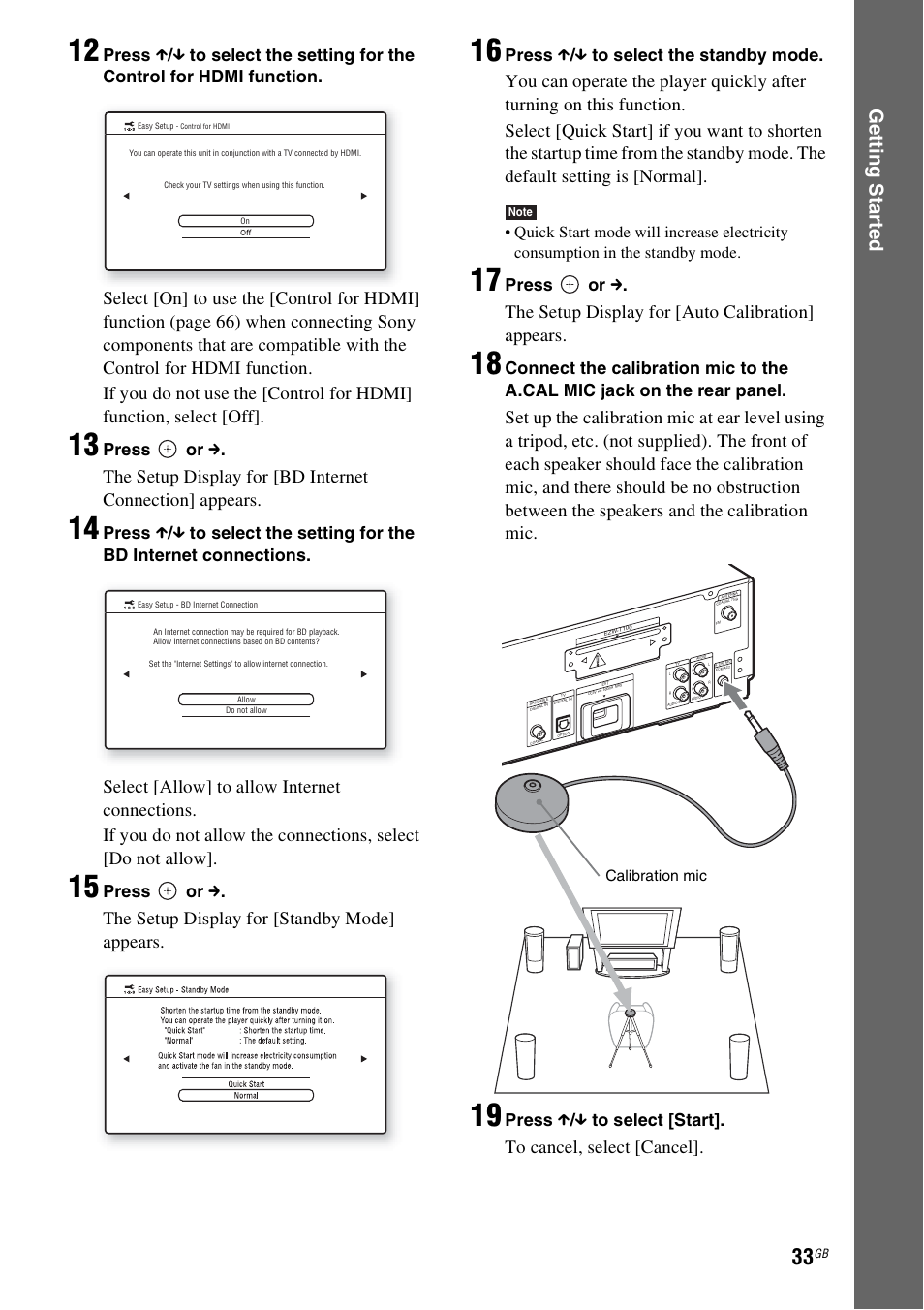 Ge tting star te d, The setup display for [standby mode] appears, The setup display for [auto calibration] appears | Press or c, Press x / x to select the standby mode, Press x / x to select [start | Sony Ericsson BDV-E300 User Manual | Page 33 / 115