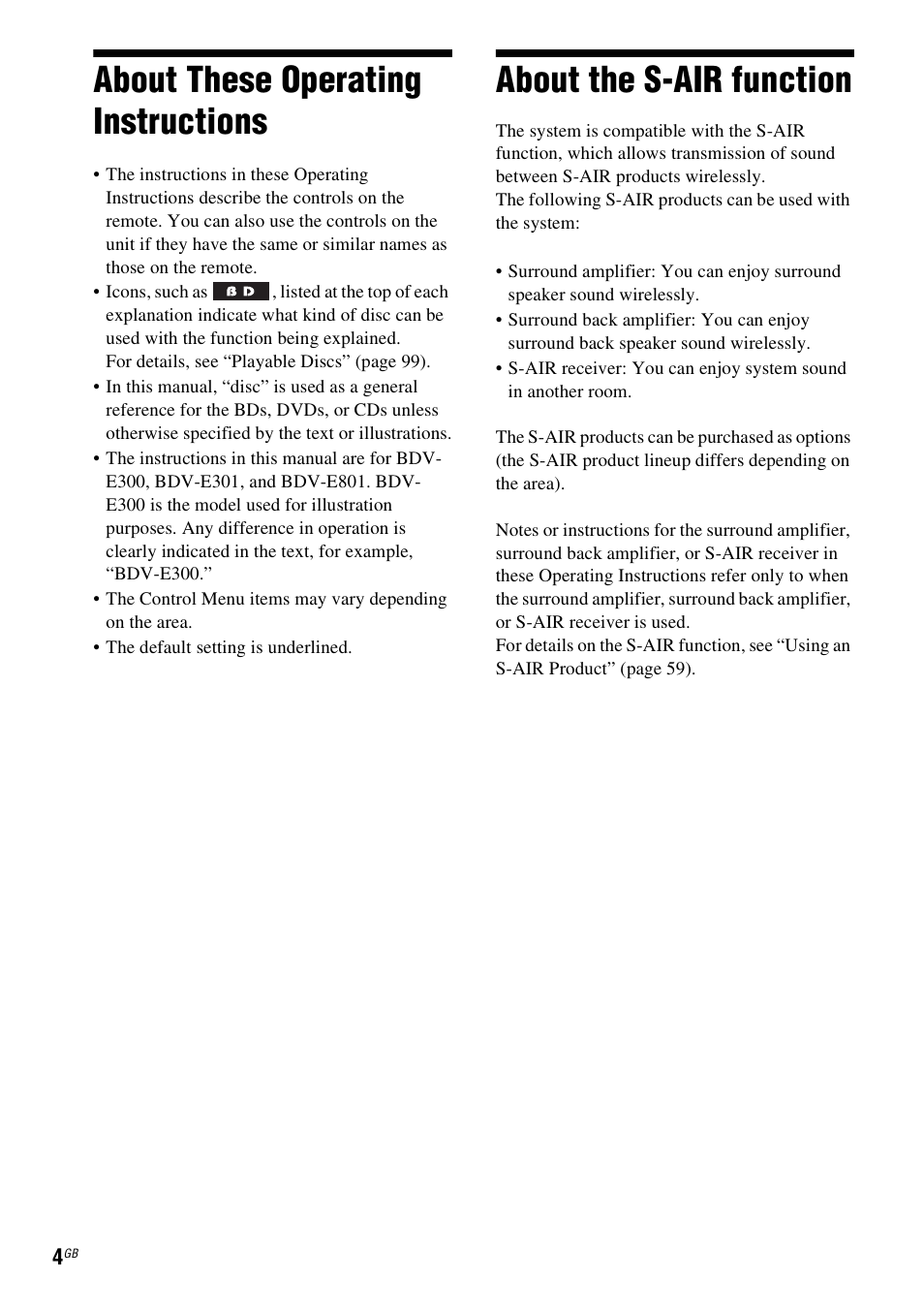 About these operating instructions, About the s-air function | Sony Ericsson BDV-E300 User Manual | Page 4 / 115