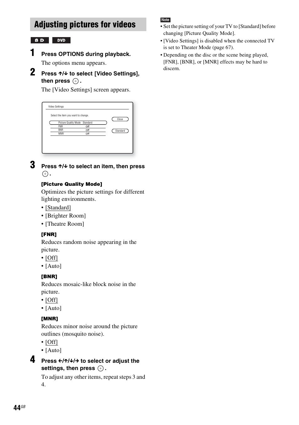 Adjusting pictures for videos | Sony Ericsson BDV-E300 User Manual | Page 44 / 115