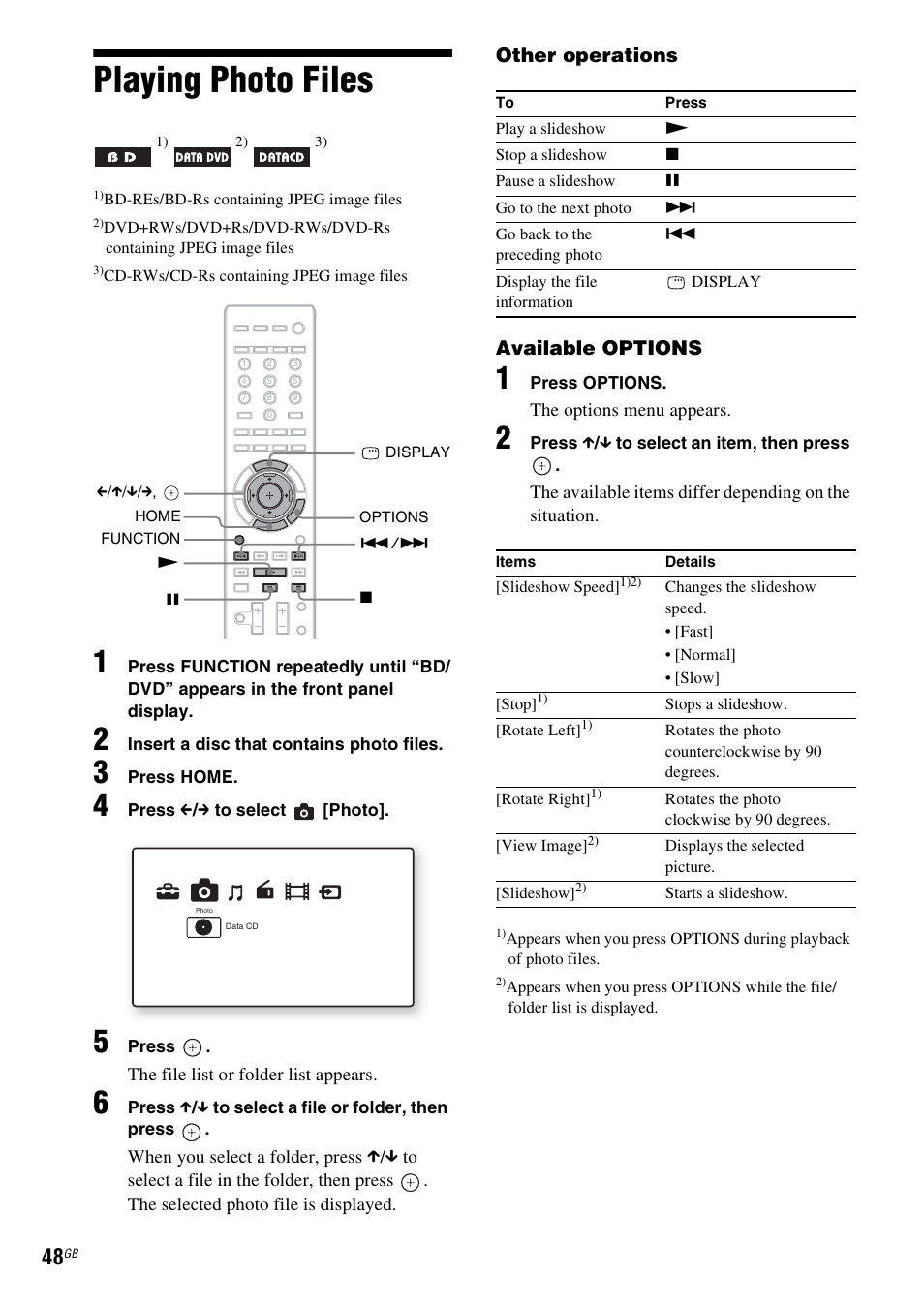 Playing photo files, Other operations available options | Sony Ericsson BDV-E300 User Manual | Page 48 / 115