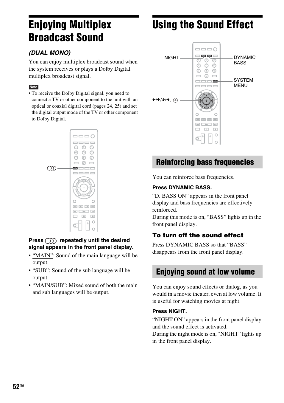 Enjoying multiplex broadcast sound, Using the sound effect, Reinforcing bass frequencies | Enjoying sound at low volume, Enjoying multiplex broadcast, Sound, E 52), E 52, Dual mono), You can reinforce bass frequencies | Sony Ericsson BDV-E300 User Manual | Page 52 / 115