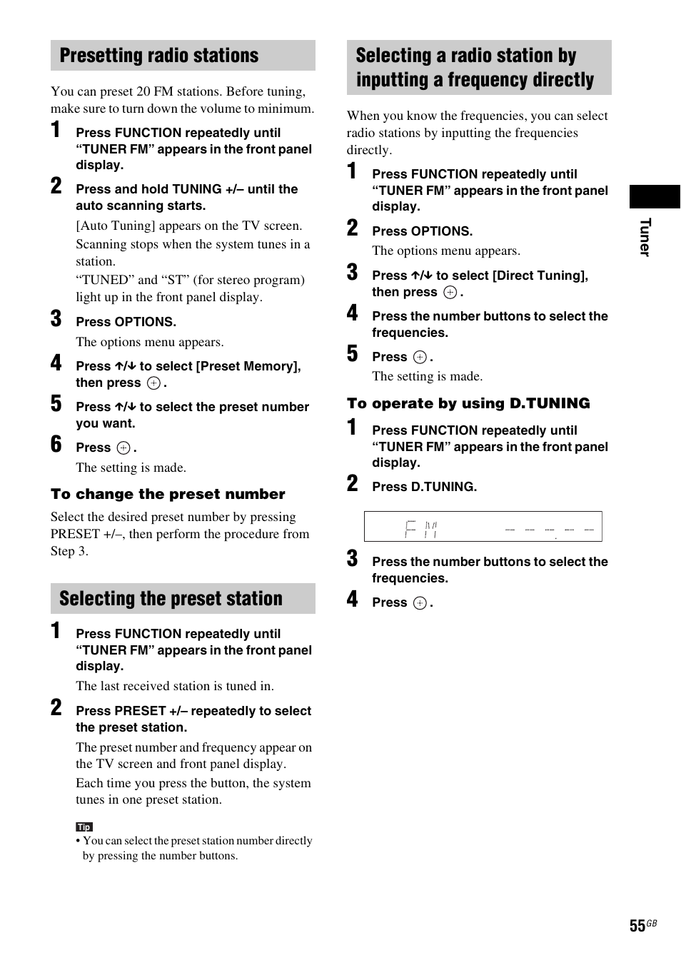 Presetting radio stations, Selecting the preset station, E 55) | Sony Ericsson BDV-E300 User Manual | Page 55 / 115