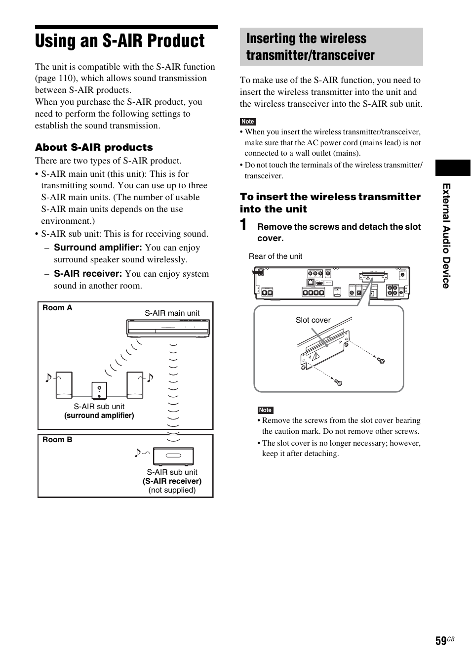 Using an s-air product, Inserting the wireless transmitter/transceiver, E 59) | About s-air products, Remove the screws and detach the slot cover, Rear of the unit slot cover, Rcoaxial optical | Sony Ericsson BDV-E300 User Manual | Page 59 / 115