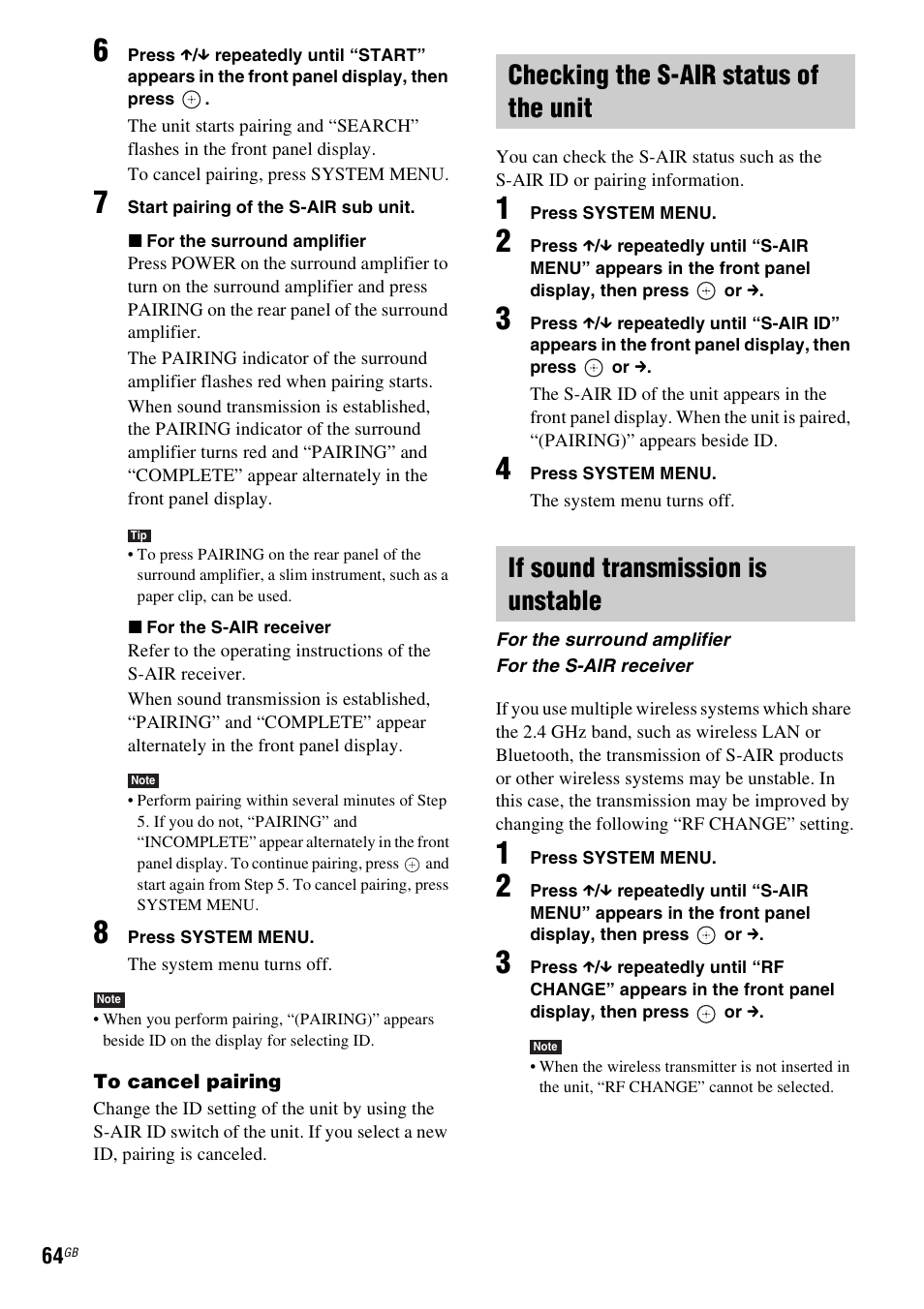 Checking the s-air status of the unit, If sound transmission is unstable | Sony Ericsson BDV-E300 User Manual | Page 64 / 115