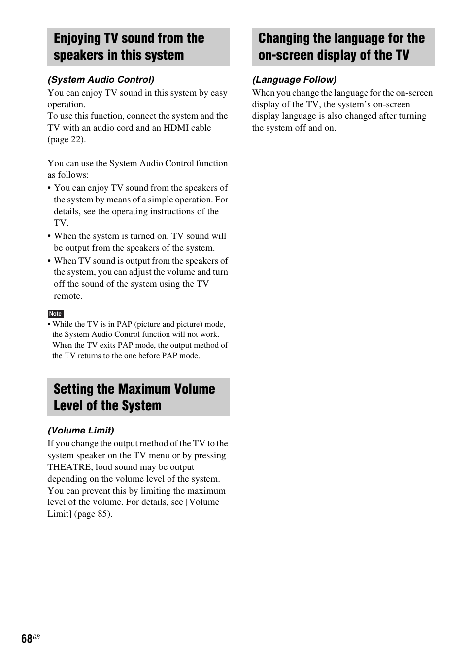 Enjoying tv sound from the speakers in this system, Setting the maximum volume level of the system | Sony Ericsson BDV-E300 User Manual | Page 68 / 115