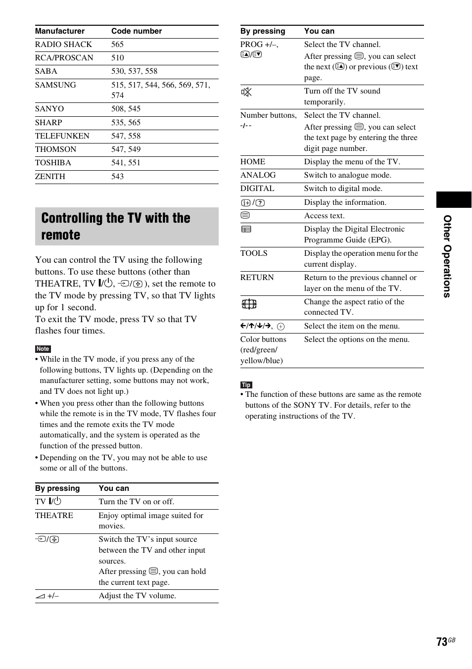 Controlling the tv with the remote | Sony Ericsson BDV-E300 User Manual | Page 73 / 115