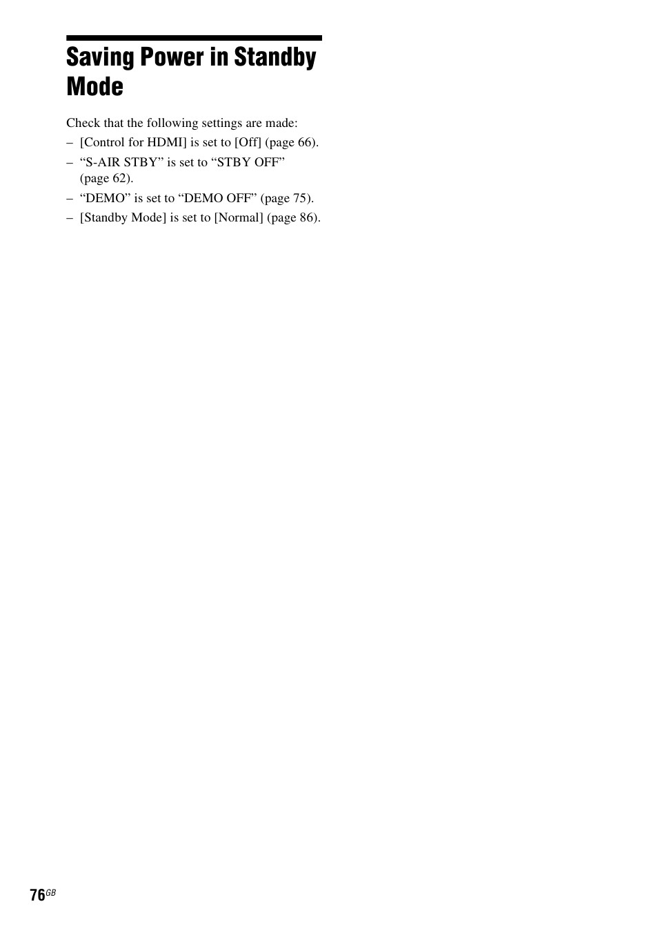 Saving power in standby mode | Sony Ericsson BDV-E300 User Manual | Page 76 / 115