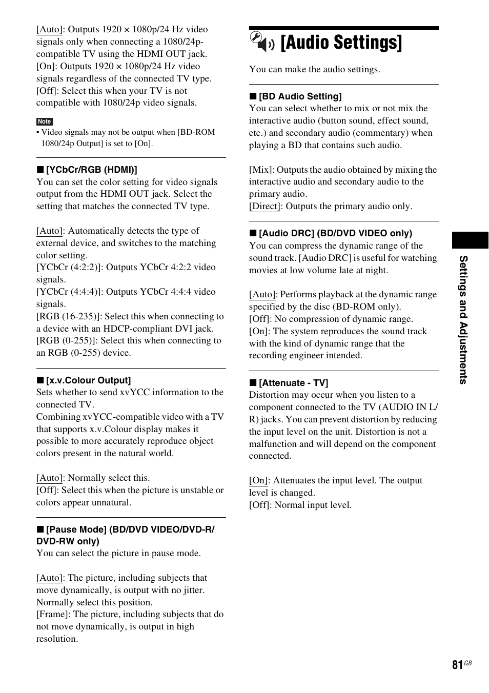 Audio settings | Sony Ericsson BDV-E300 User Manual | Page 81 / 115