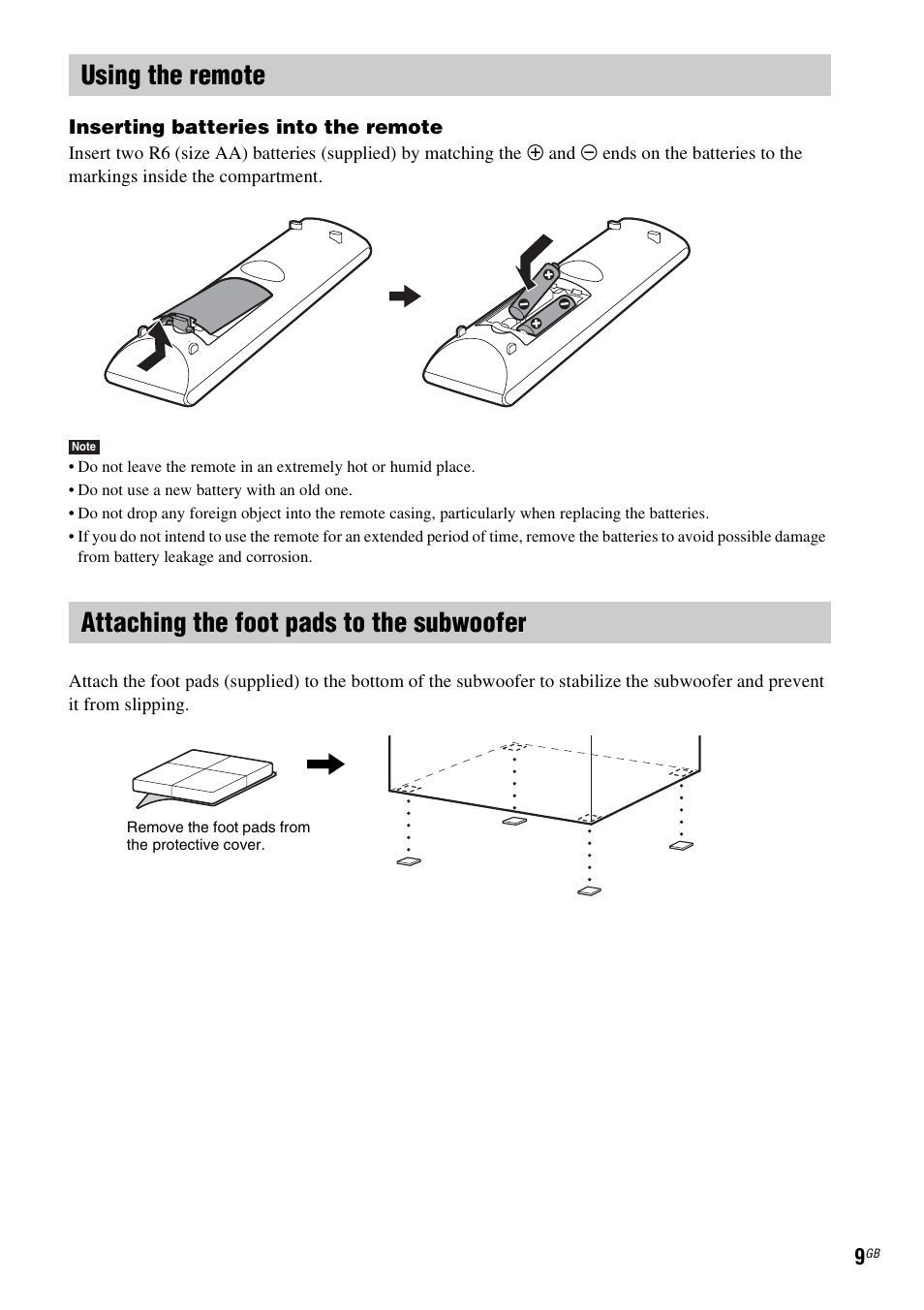 Using the remote, Attaching the foot pads to the subwoofer | Sony Ericsson BDV-E300 User Manual | Page 9 / 115