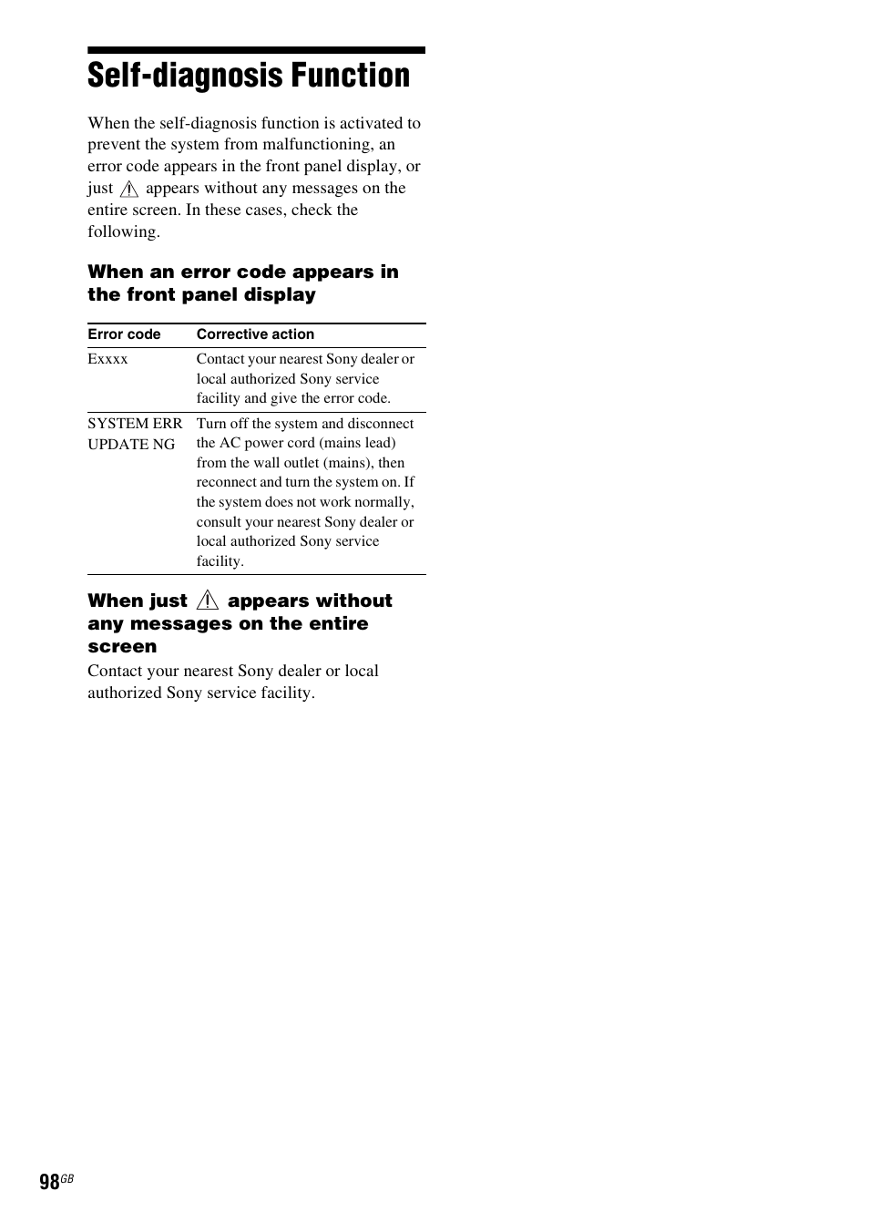 Self-diagnosis function | Sony Ericsson BDV-E300 User Manual | Page 98 / 115