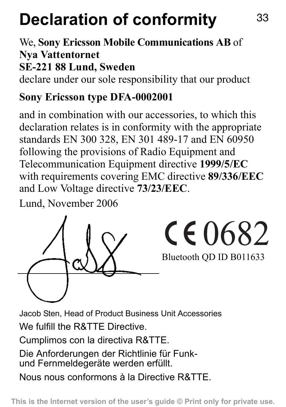 Declaration of conformity | Sony Ericsson HBV-100 User Manual | Page 33 / 34