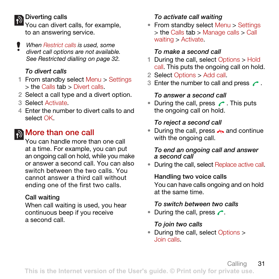 More than one call | Sony Ericsson Cyber-shot C902 User Manual | Page 33 / 82