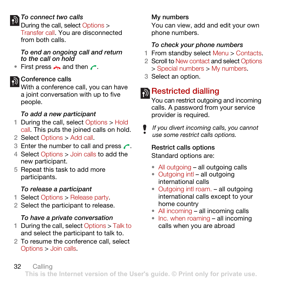 Restricted dialling | Sony Ericsson Cyber-shot C902 User Manual | Page 34 / 82