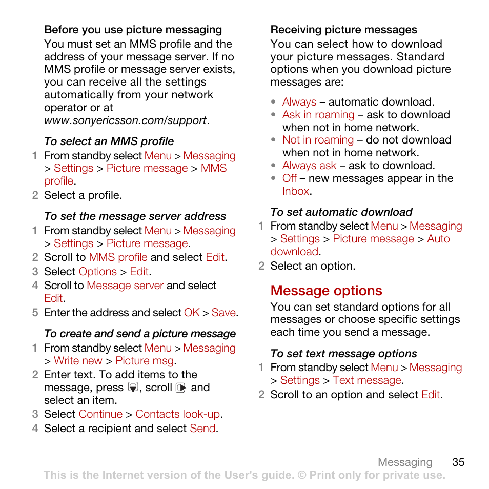 Message options | Sony Ericsson Cyber-shot C902 User Manual | Page 37 / 82