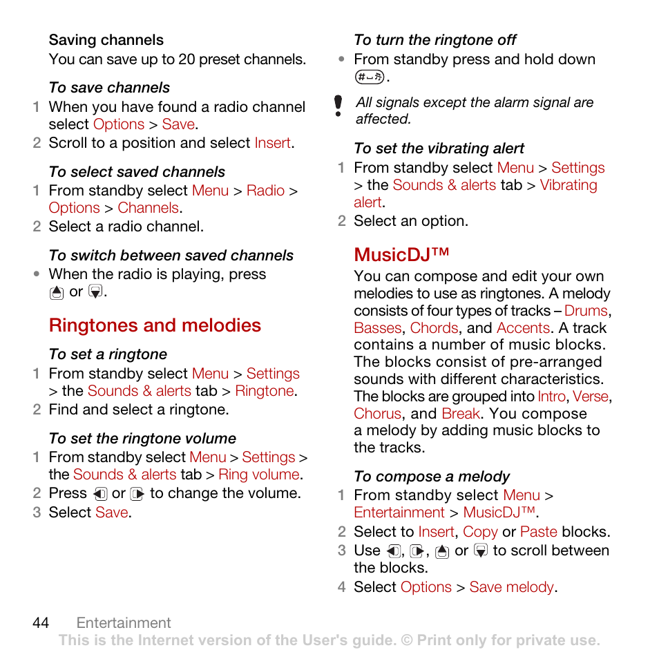 Ringtones and melodies, Musicdj, Ringtones and melodies musicdj | Sony Ericsson Cyber-shot C902 User Manual | Page 46 / 82