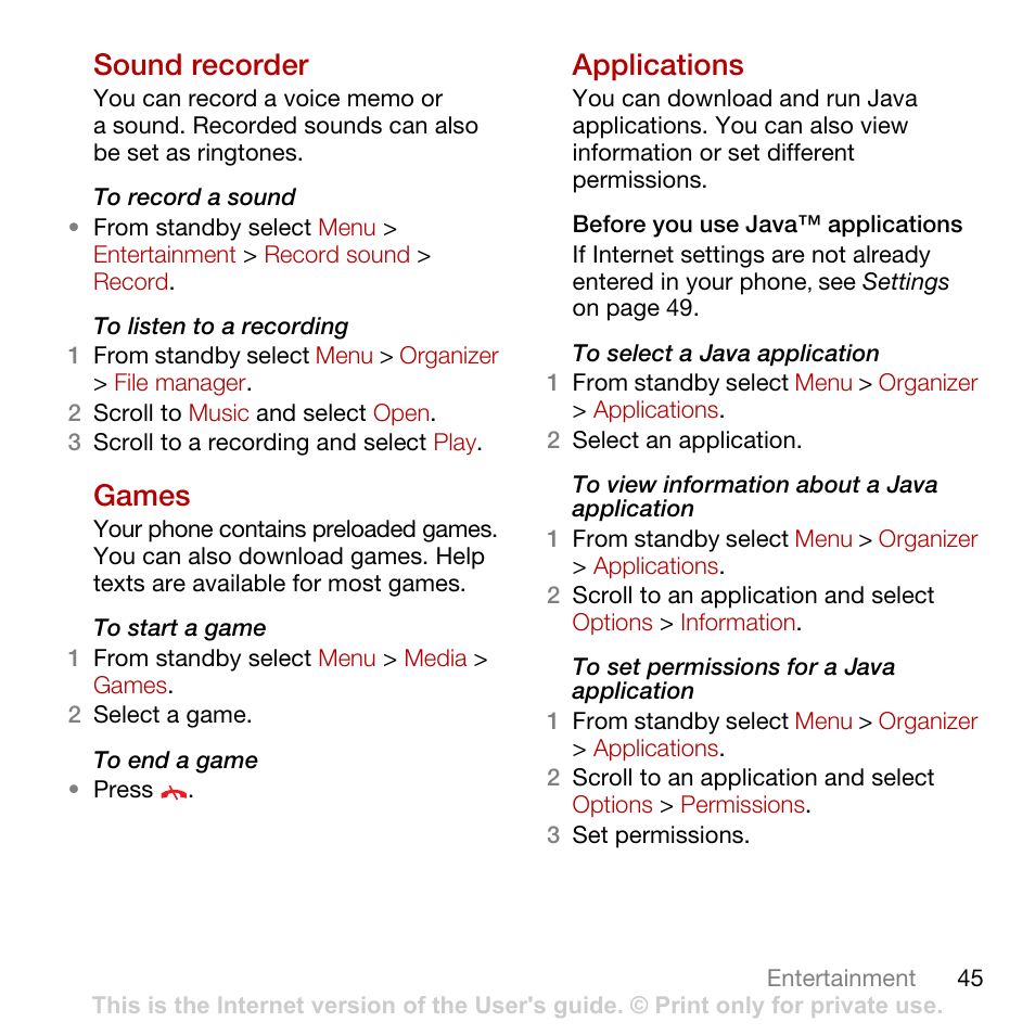 Sound recorder, Games, Applications | Sound recorder games applications | Sony Ericsson Cyber-shot C902 User Manual | Page 47 / 82