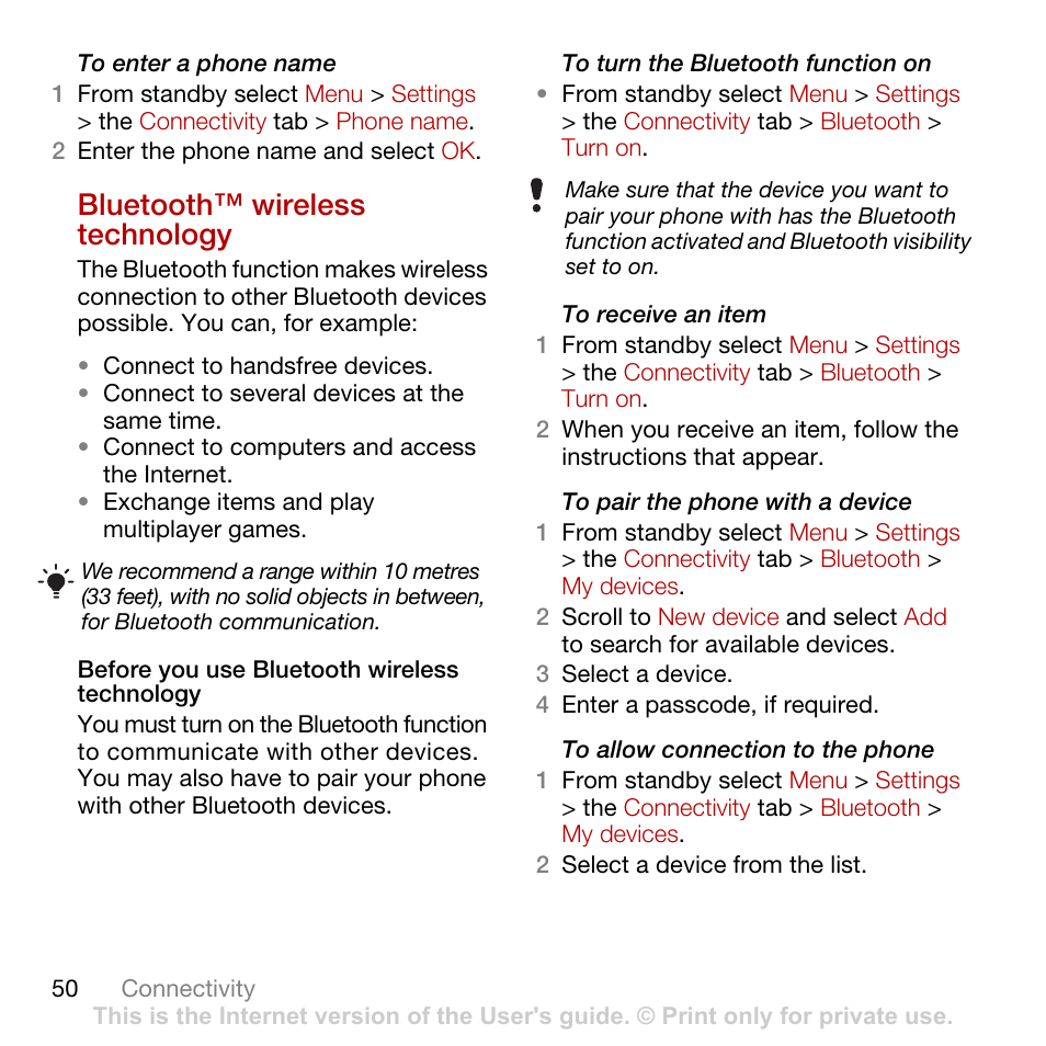 Bluetooth™ wireless technology, Ee bluetooth™ wireless technology, 50 a | Sony Ericsson Cyber-shot C902 User Manual | Page 52 / 82