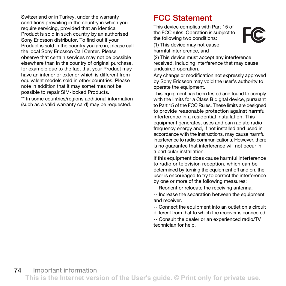 Fcc statement | Sony Ericsson Cyber-shot C902 User Manual | Page 76 / 82